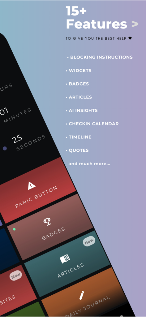 Una captura de pantalla de la aplicación NoBeep mostrando su lista de características que incluyen insignias de información de IA y un diario diario