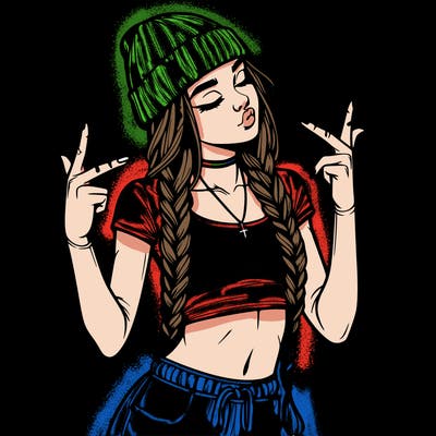 realistic teenage girl with braids and a beanie and crop top doing 🫶🏼