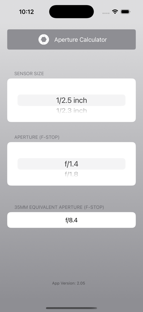 Exposure Calculator - Interface of the aperture equivalence calculator showing 35mm equivalent f-stop conversions for different sensor sizes