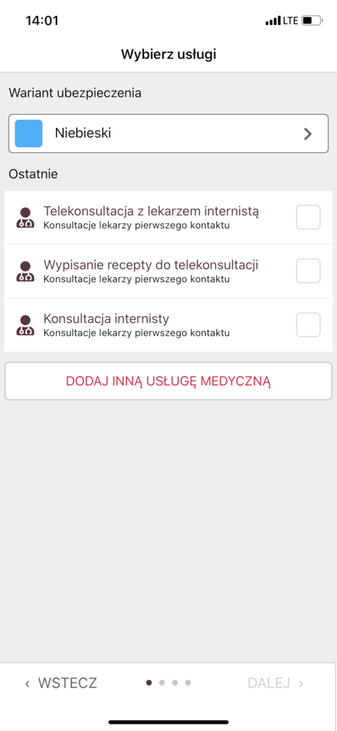 Screen for selecting medical services such as teleconsultations and prescriptions in the SALTUS Zdrowie app