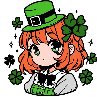 a manga-style girl with clovers around her, a little hat in her hair, like it's saint patrick's day
