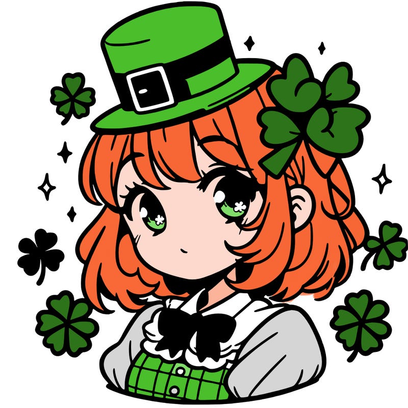 a manga-style girl with clovers around her, a little hat in her hair, like it's saint patrick's day