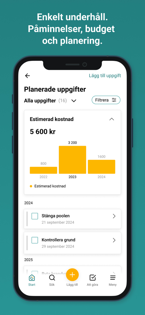 House:ID-bostadens loggbok - 住宅所有者向けの、計画されたメンテナンスタスクと推定コストのグラフを表示するHouse:IDアプリのモバイル画面。
