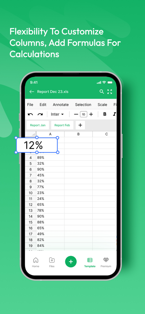 XLS Sheet: XLS Viewer & Editor - Mobile spreadsheet editor interface showing a highlighted cell with a percentage and data columns