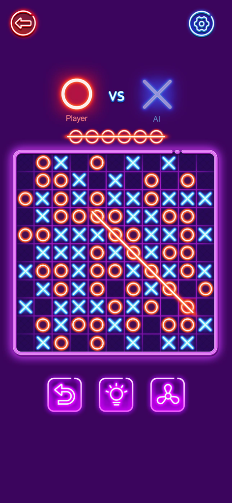 Una griglia di gioco Tris 11x11 con effetti neon glow che mostra una linea diagonale vincente di cerchi rossi contro croci blu.