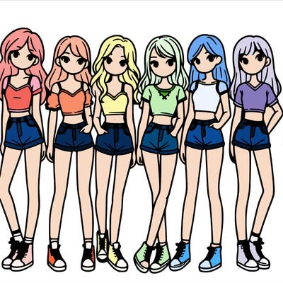 a group of girls wearing crop tops and shorts