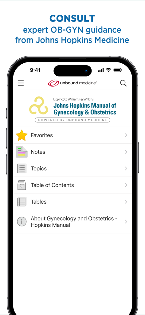 Home screen of the Johns Hopkins Manual of Gynecology and Obstetrics app showing medical consultation menu options