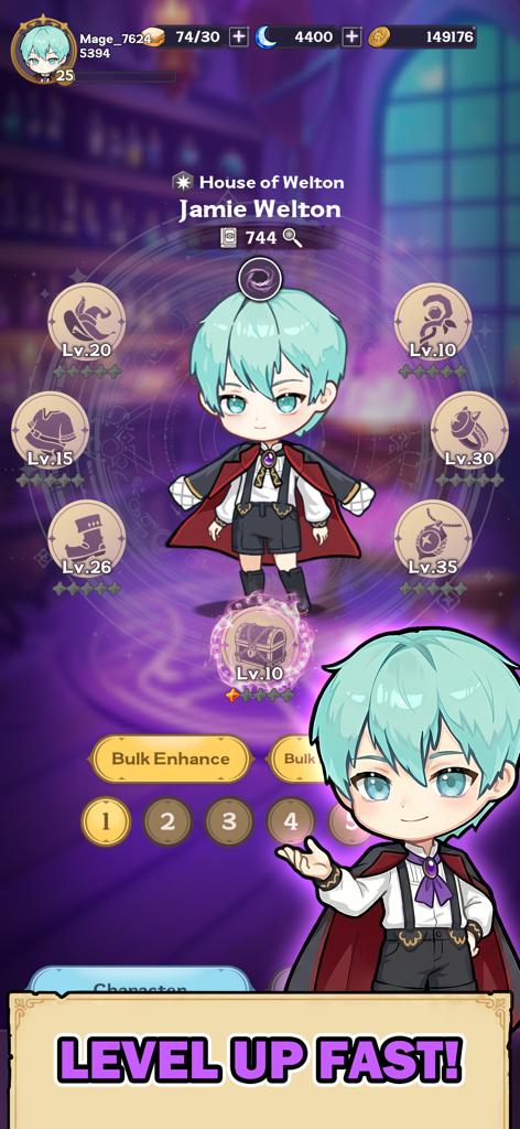 Dark Mage Defense: 66,666 - Character progression screen in Dark Mage Defense showing Jamie Welton with equipment slots and a level up fast message