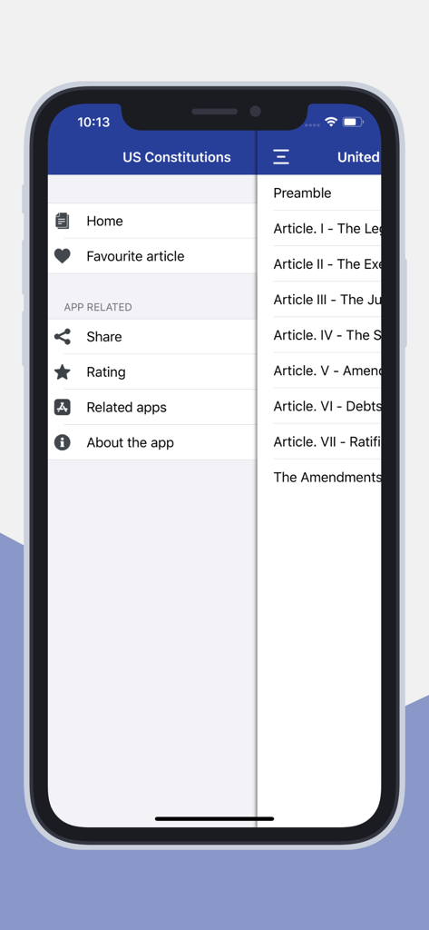 USA constitution App - USA Constitution app navigation menu and table of contents