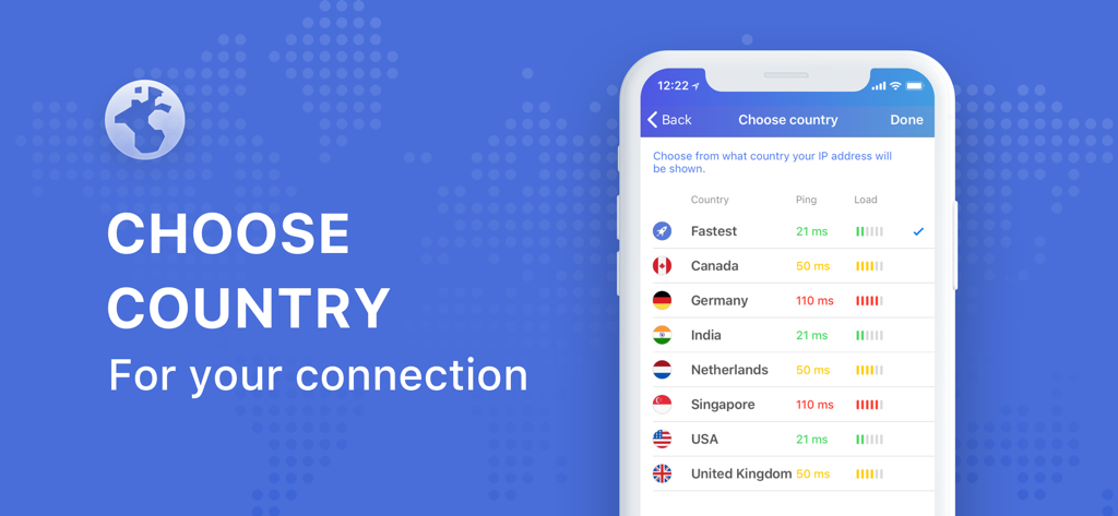 TOR Browserアプリのインターフェイス。USA、UK、ドイツなどのVPNサーバーの場所のリストを表示し、pingとロード状況を表示。