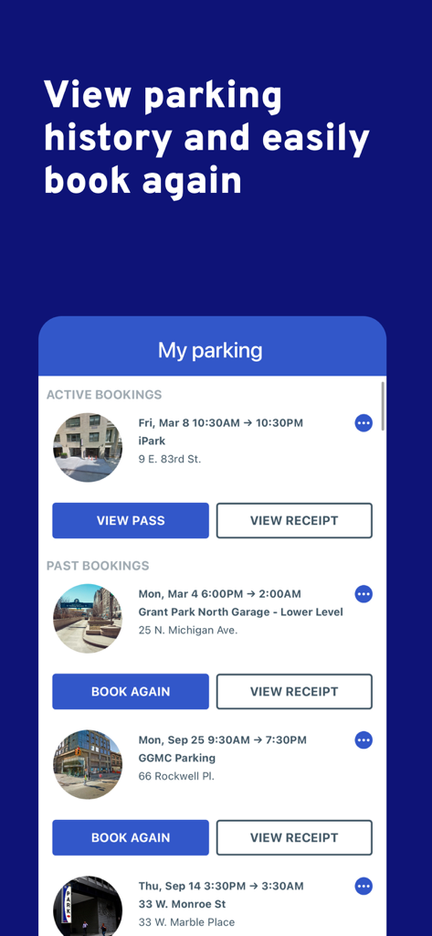 ParkWhiz - #1 Parking App - ParkWhiz mobile app interface displaying active and past parking bookings