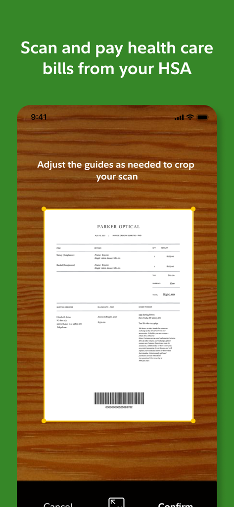 Fidelity Health app interface showing a user scanning a medical bill to pay from their HSA account.