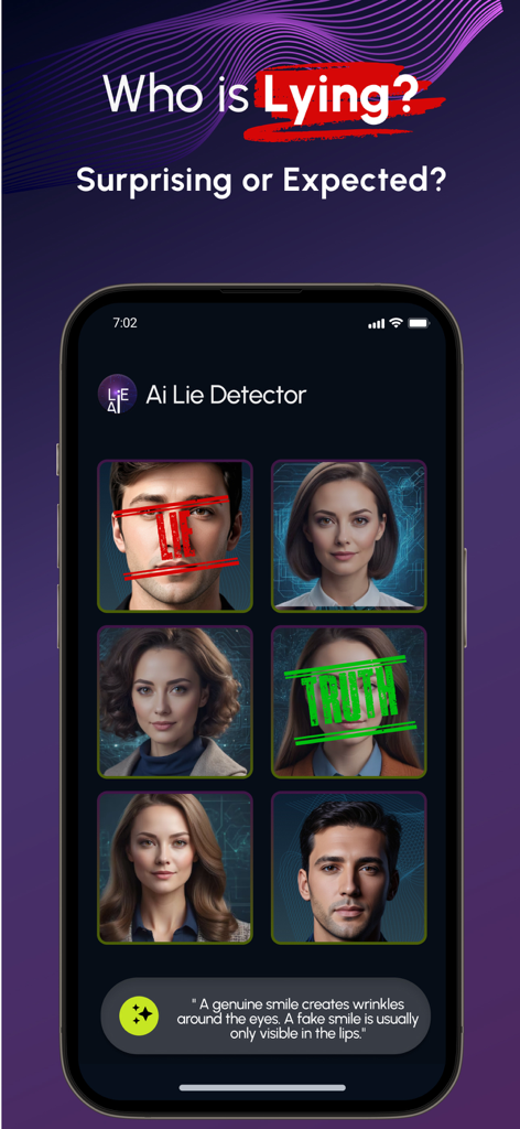 AI Lie Detector: Truth Test - Interface of the AI Lie Detector app showing a grid of faces with lie and truth stamps based on facial analysis.