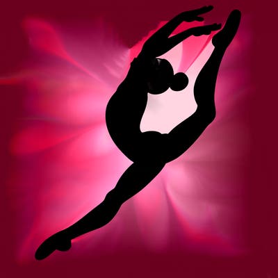 gymnast doing a leap in a leotard with a bent back leg