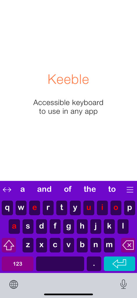 Pantalla de inicio de la aplicación Keeble mostrando un teclado accesible de alto contraste en color púrpura con vocales resaltadas en rojo y predicción de palabras