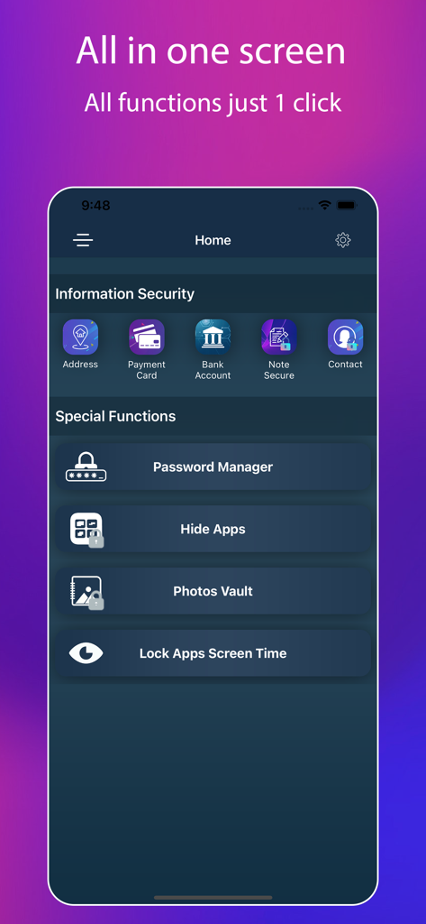 App Lock, Hide App & Lock Apps - Una interfaz de aplicación móvil que muestra funciones de seguridad para ocultar aplicaciones y bloquear información personal.
