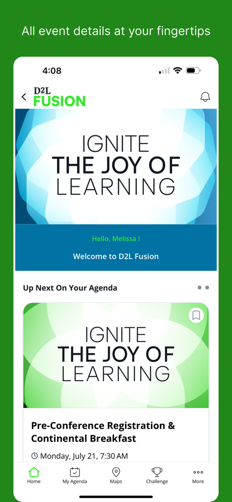 D2L Fusion app home screen with event agenda and conference details