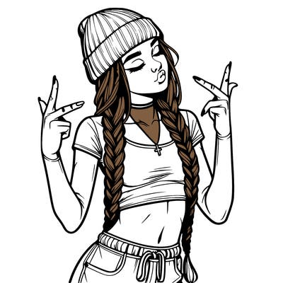 realistic teenage girl with braids and a beanie and crop top doing 🫶🏼