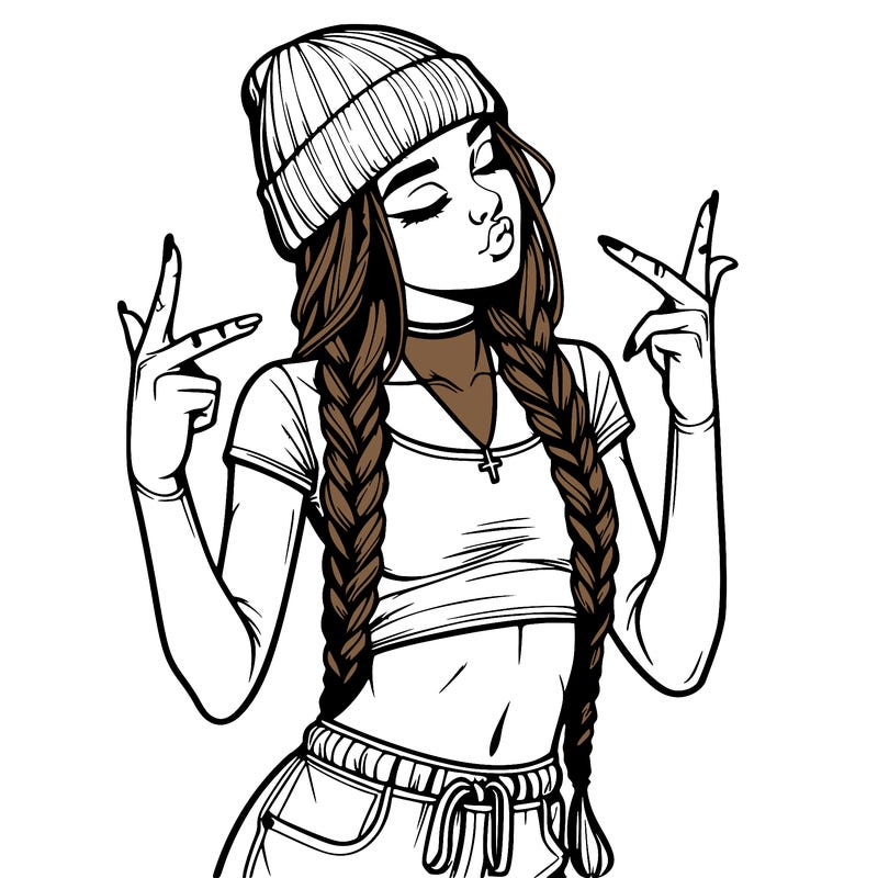 realistic teenage girl with braids and a beanie and crop top doing 🫶🏼