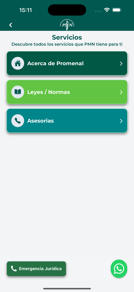 Services menu screen of the PROMENAL app showing legal consulting and emergency assistance options.