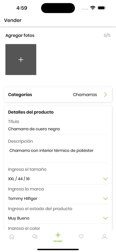 Solia Ser - Interfaz móvil de la app Solia Ser mostrando los detalles para listar una chaqueta de segunda mano en venta