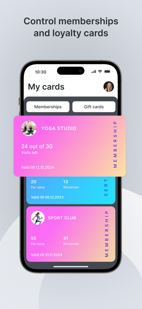 Altegio.me: your appointments - A smartphone screen displaying various digital membership cards within the Altegio app interface.