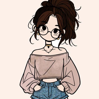 girl with a messy ponytail glasses a baggy crop top and jean shorts