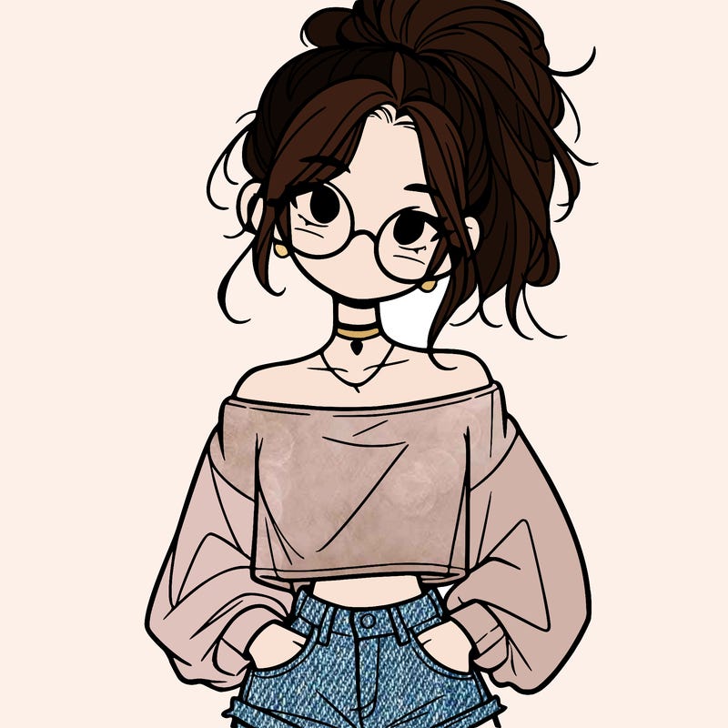 girl with a messy ponytail glasses a baggy crop top and jean shorts