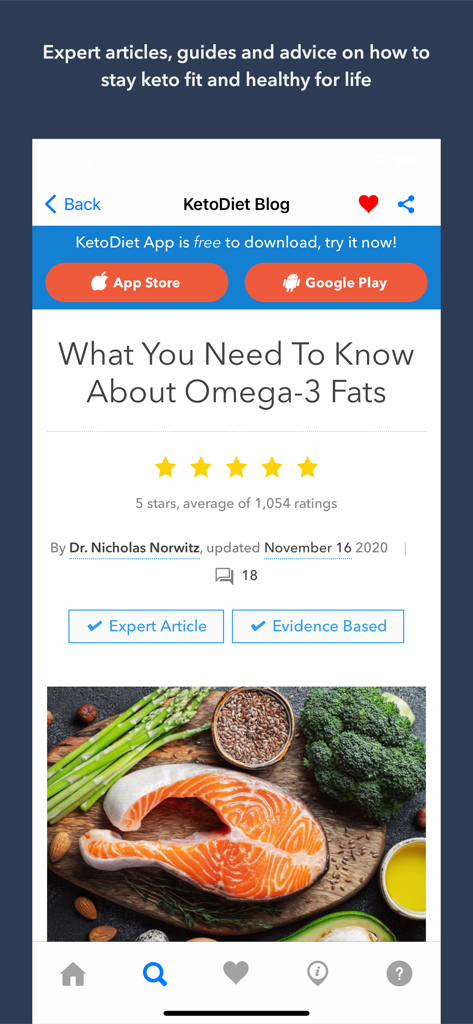 Keto App: Recipes Guides News - Un artículo experto basado en evidencia sobre grasas Omega 3 en la interfaz de la aplicación Keto.