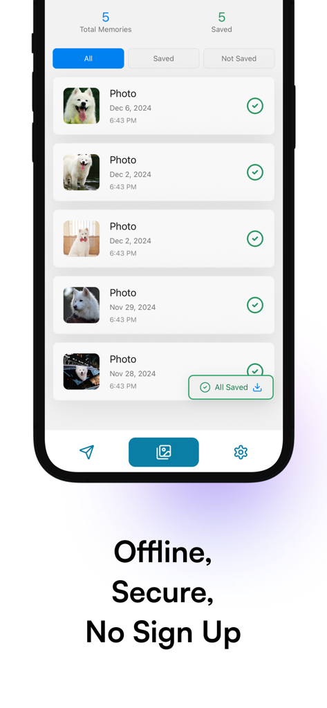Memport - Save Your Memories - Memport app interface showing a list of saved photos with original dates and a message highlighting offline security.