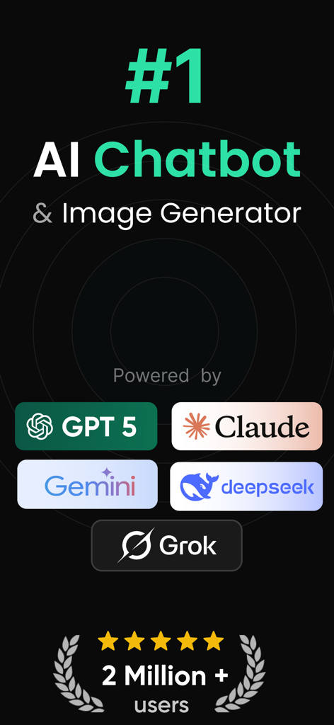 Bernard AI promo screen showing AI Chatbot and Image Generator powered by GPT 5 Claude Gemini Deepseek and Grok with over 2 million users
