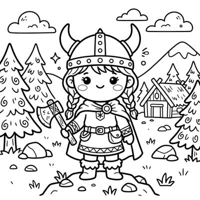Discover the cuteness of Norse exploration with our Kawaii Viking Settler coloring page. This charming warrior, axe in hand, invites you to bring her world to life with your favorite hues.