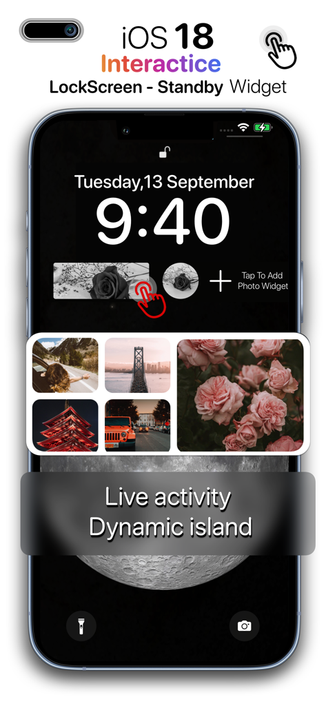 Photo Widget - Picture Collage - iPhone showing iOS 18 interactive lock screen photo widgets and a picture collage layout with dynamic island support.