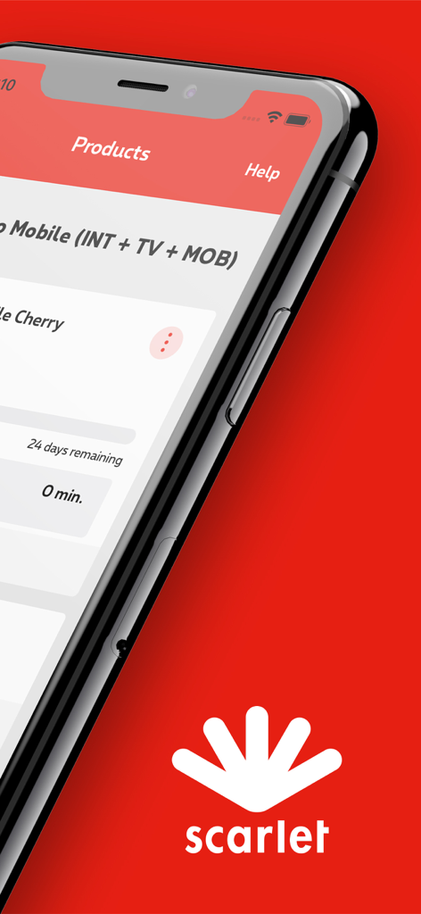 MyScarlet - Teléfono inteligente mostrando la pantalla de gestión de productos de la aplicación MyScarlet con detalles del plan y el logo de Scarlet