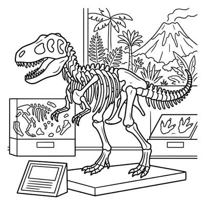 Journey back to the Jurassic period with this exciting dinosaur skeleton coloring page, specially designed for kids. Perfect for young explorers, this intricate scene brings a museum exhibit to life for hours of creative fun.