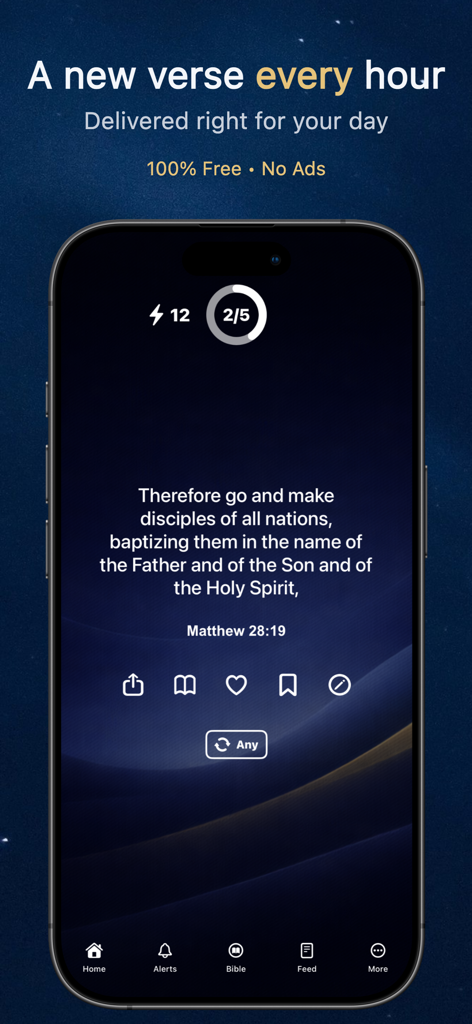 Bible Hour: Daily Verse Alerts - Bible Hour app interface showing Matthew 28:19 scripture verse on a dark background