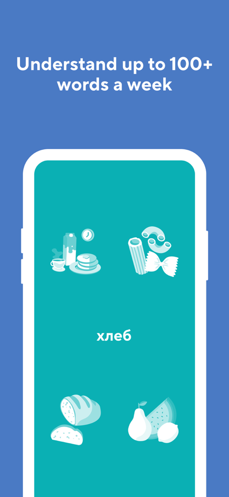 Drops Russian language app interface showing food illustrations and the word bread in Cyrillic