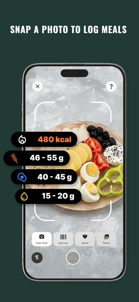 MealScan - Calorie Tracker - MealScan app interface showing AI photo food logging with real time calorie and macronutrient analysis