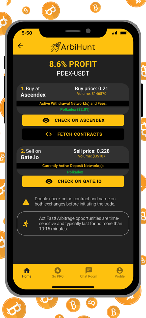 ArbiHunt - Crypto Arbitrage - Mobile Ansicht der ArbiHunt App mit einer Krypto-Arbitrage-Profitmöglichkeit von 8,6 Prozent zwischen zwei Börsen