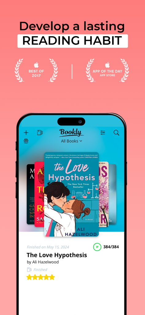 The Bookly app interface on an iPhone displaying a five star book rating and reading habit goals