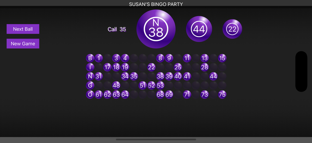 Bingo Caller Machine interface showing a 75 ball game with a custom party name and purple bingo balls