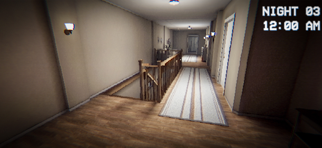 Boisvert Analog Horror Game - Screenshot of a dimly lit hallway in the Boisvert Analog Horror Game with a VHS aesthetic overlay showing Night 3 at 12 AM.