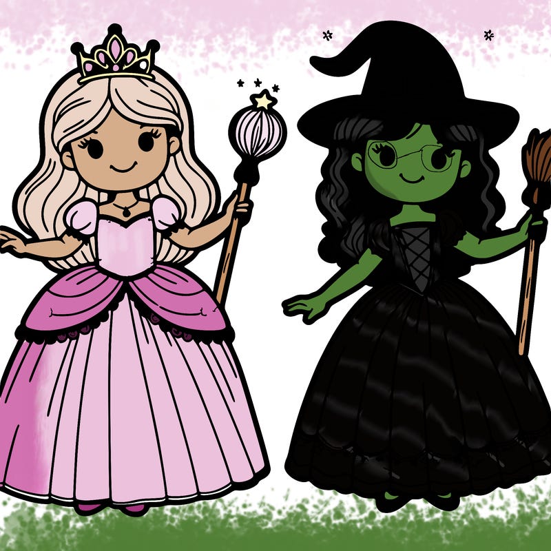 princess with wand and witch with broom