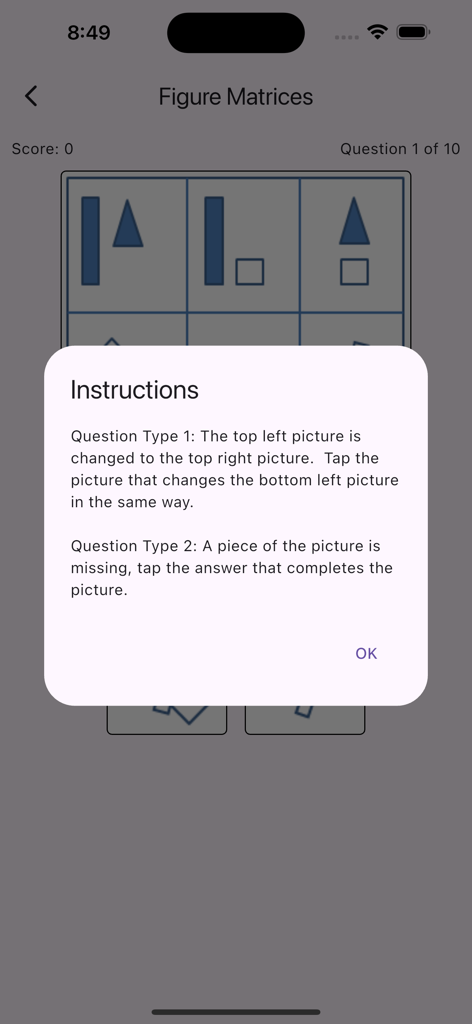 COGAT Grade 3 - Pop-up-Anleitung für den Abschnitt Figure matrices der COGAT 3. Klasse Übungs-App, die geometrische Logikfragen zeigt.
