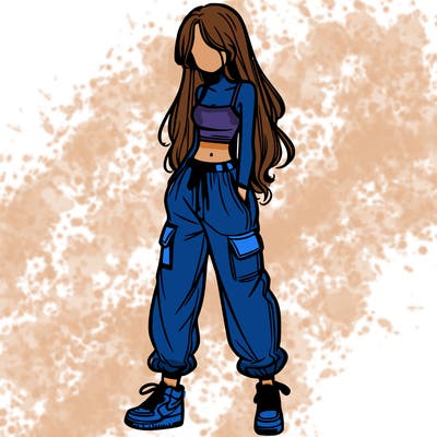 girl in baggy pants crop top and long hair