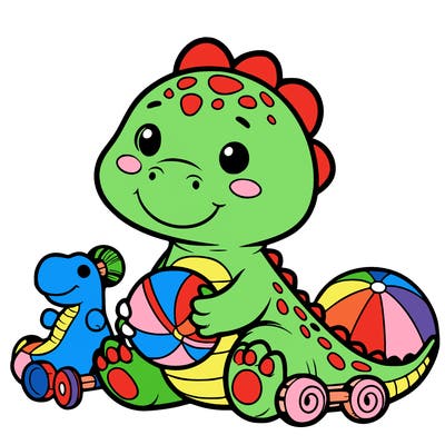 a baby dino holding toys