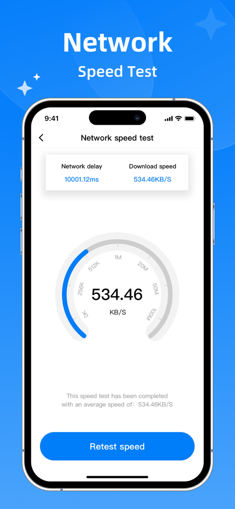 Écran de l'iPhone montrant une fonction de test de vitesse du réseau dans l'application Deep Cleaner