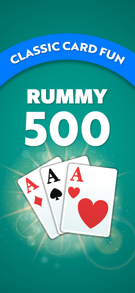Tela de introdução do jogo de cartas clássico Rummy 500 apresentando três Ases
