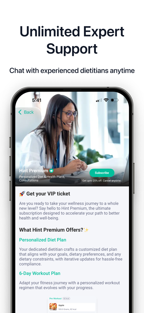Hint Diet Plan Calorie Counter - Interfaz de la aplicación Hint que muestra soporte experto ilimitado y funciones de plan de dieta personalizado