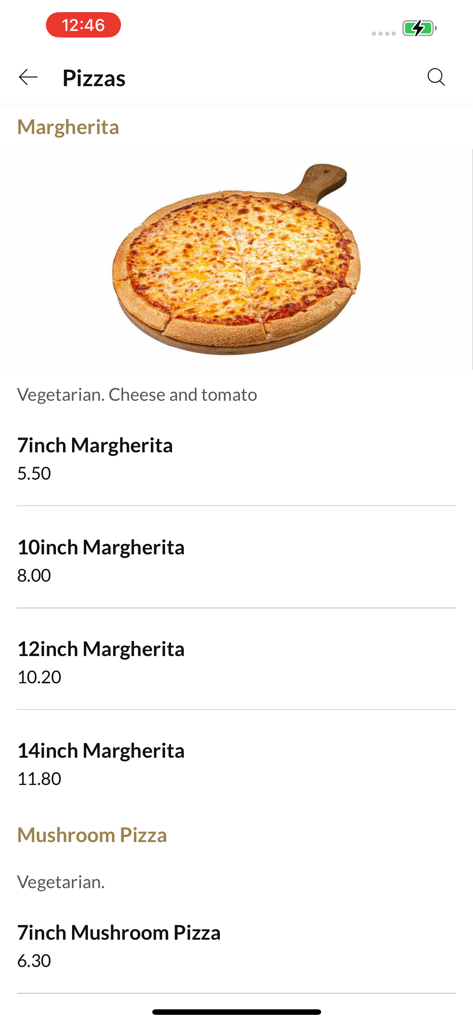 De Niros. - De Niros mobile app menu screen showing Margherita pizza options with different sizes and prices